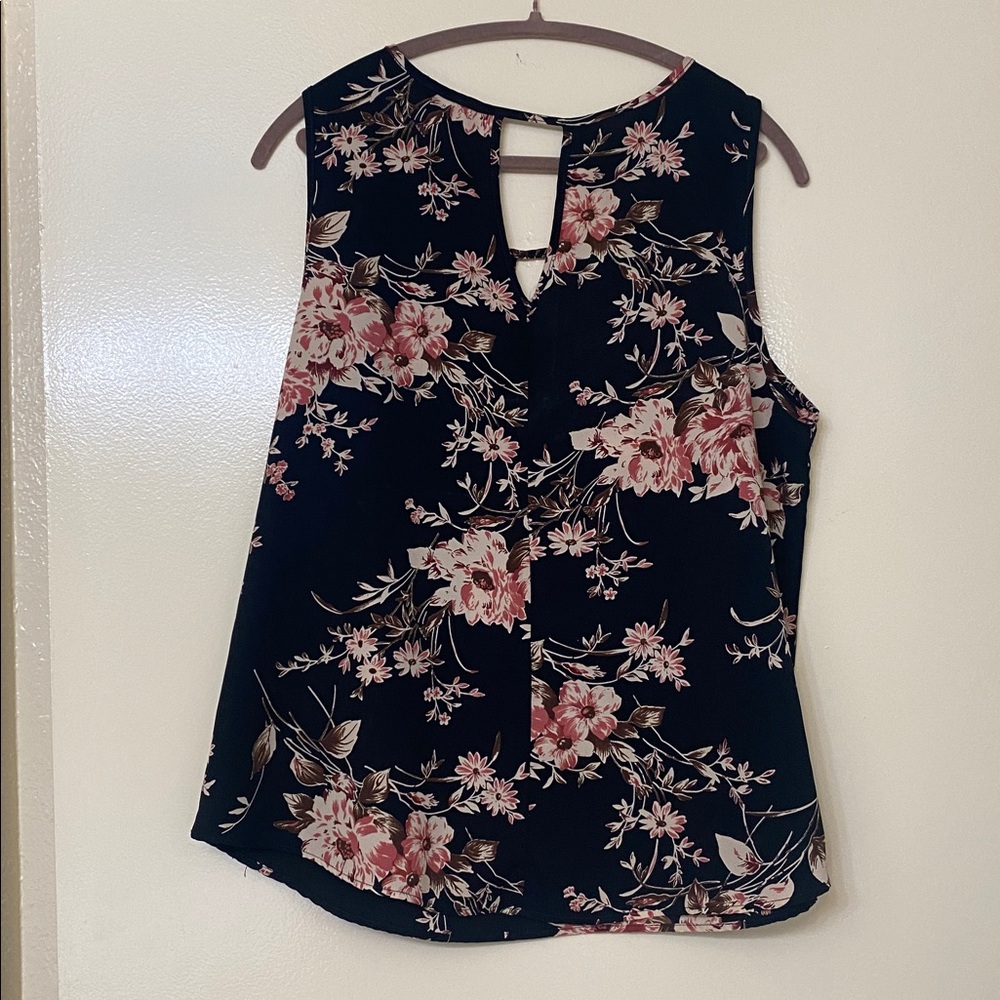 Sleeveless Floral V-Neck Tank Top - Black with Pink Floral - Picture 2 of 2